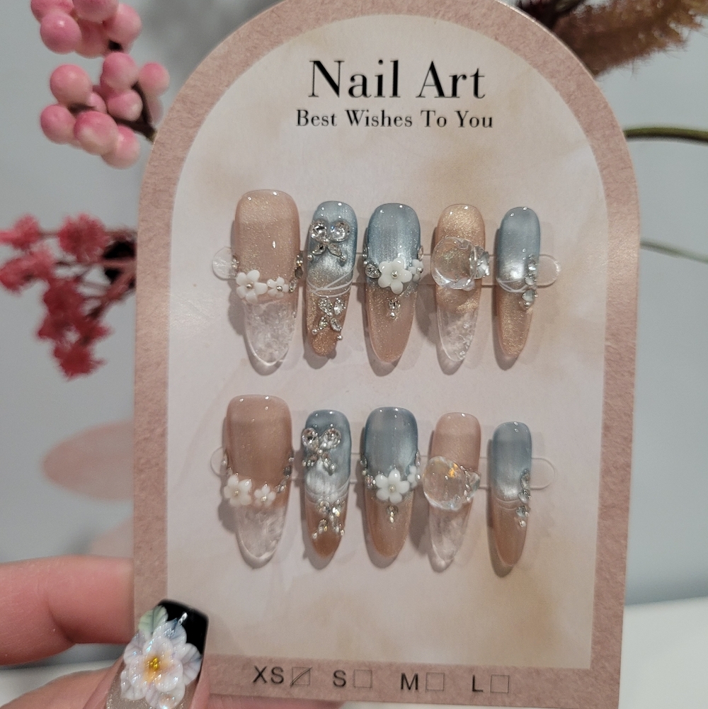 Aqua Floral With Icy Tip Press On nails